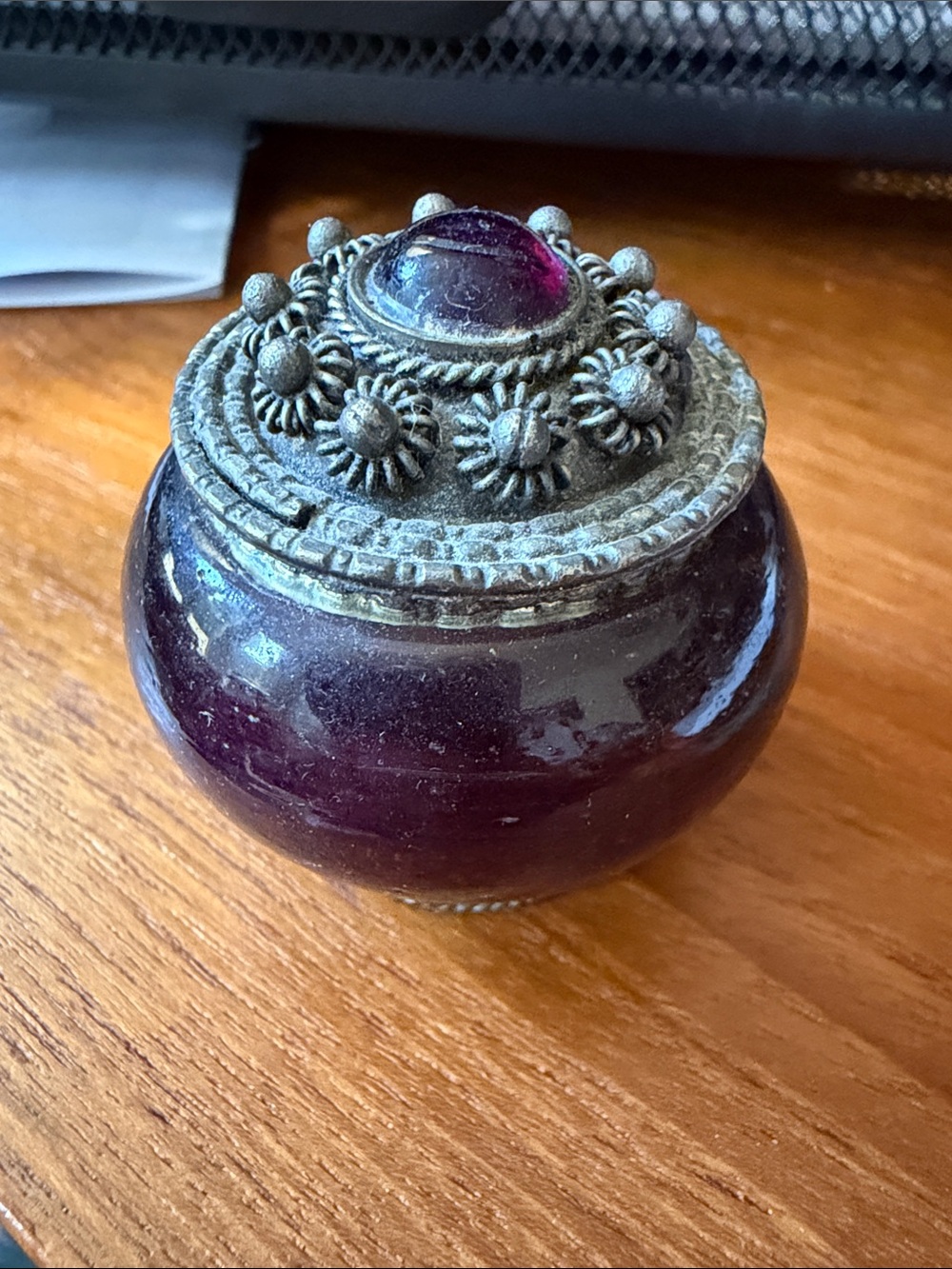 Vintage Purple Glass Trinket Box with Decorative Metal Lid